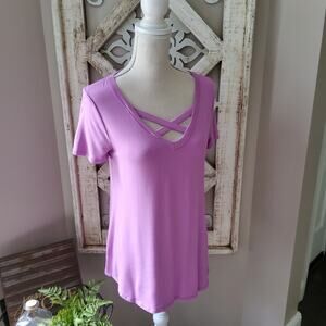 Women's Short Sleeve Relaxed Fit T-Shirt Tee Top with Criss Cross V-Neck Purple
